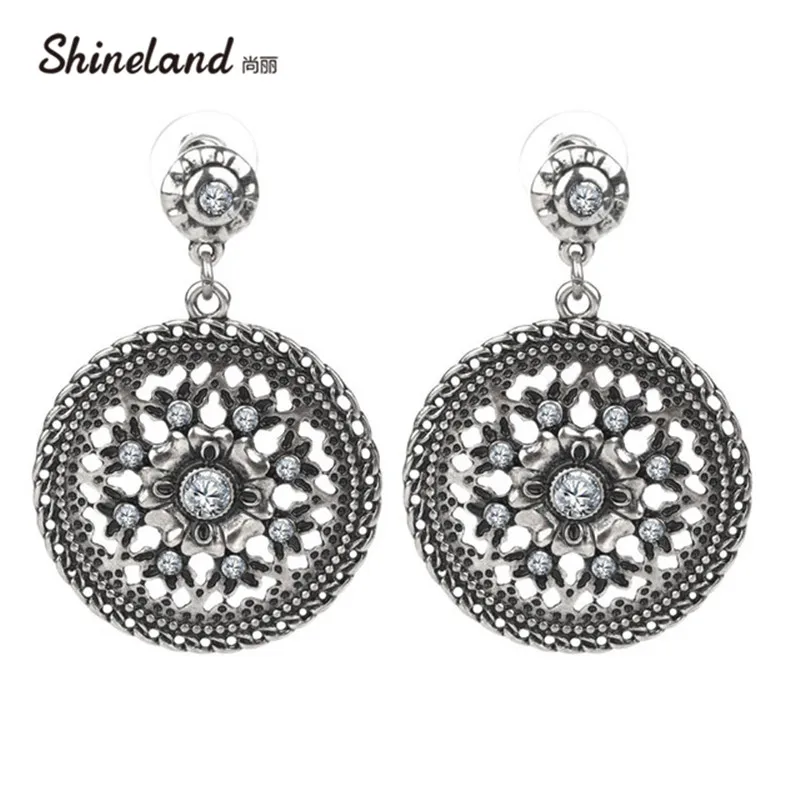

Wholesale Exotic Round Drop Vintage Hollow Out Dangle earrings Antique Silver fashion Jewelry Bjouterie