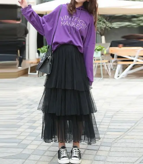 Summer New Sweet Cake Layered Long Mesh Skirts Princess High Waist Ruffled Vintage Tiered Tulle Pleated ins Skirts