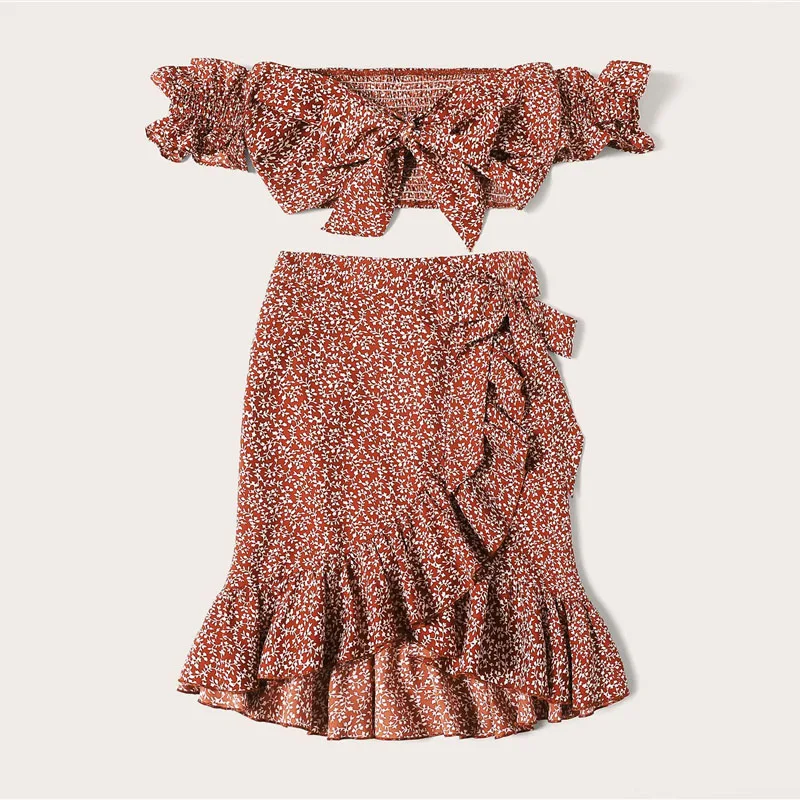 Dotfashion, ржавчина, завязанный гофрированный цветочный топ с открытыми плечами, с рюшами, юбка, набор для женщин,, Boho, летний, короткий рукав, комплект из двух предметов