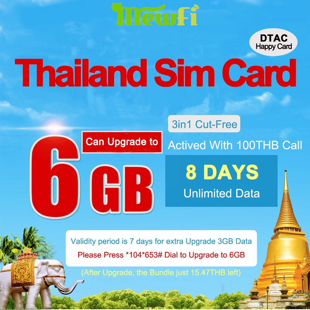 Mewfi DTAC HAPPY Card Thailand Travel Sim Card 8 Days Unlimited Data