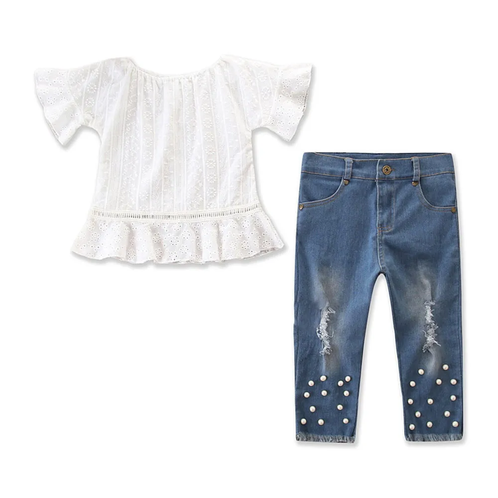  2pcs Children Girls Clothes Sets White blouse Half Sleeve Shirts Ruffled Vintage Pearl Beaded Front