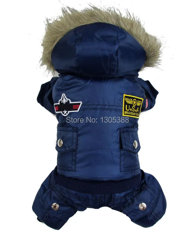 Синий стиль США Airman, пальто для домашних собак, теплая одежда для маленьких собак, флисовое зимнее пальто, зимний комбинезон с капюшоном, водонепроницаемый комбинезон