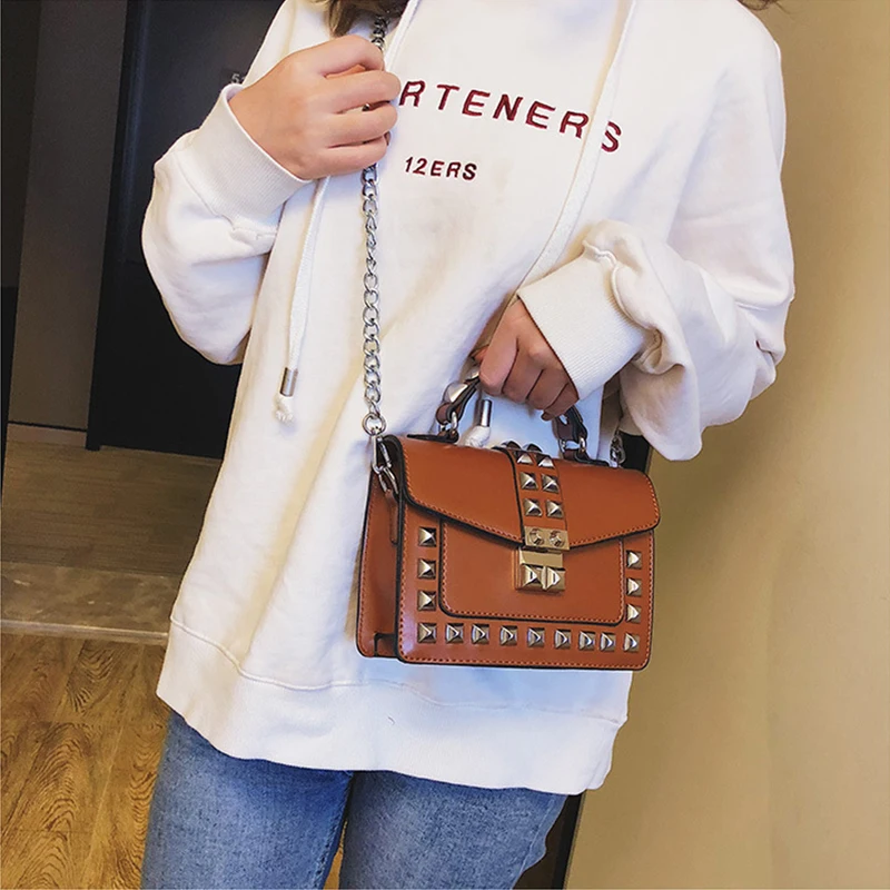 Ladies hand bag Simple Rivet Crossbody Bags Small Square Shoulder Bag womens handbags and purses brand chain bag for women Ladies hand bag Simple Rivet Crossbody Bags Small Square Shoulder Bag womens handbags and purses brand chain bag for women