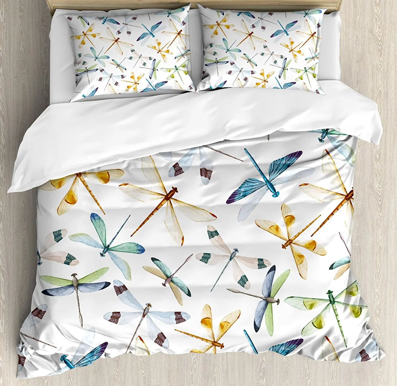 

Dragonfly Duvet Cover Set Moth Butterfly Like Bugs in Watercolor Print Modern Minimalist Design Art Print 4 Piece Bedding Set