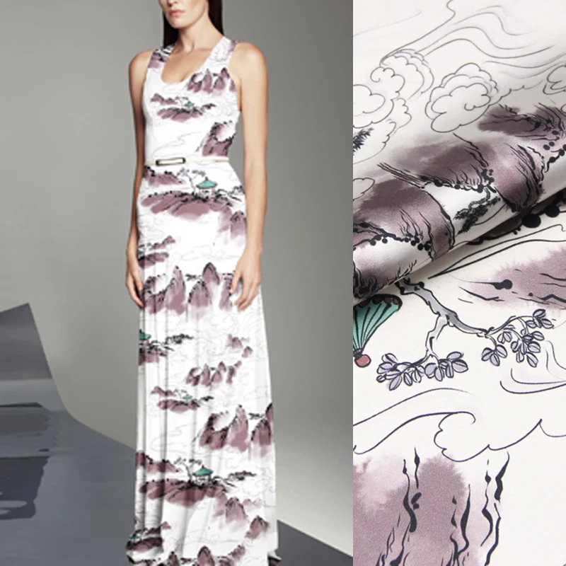 

118CM Wide 19MM 93% Silk & 7% Spandex Purple Gray Mountains Print Stretch Silk Satin Fabric for Dress Cheongsam D995