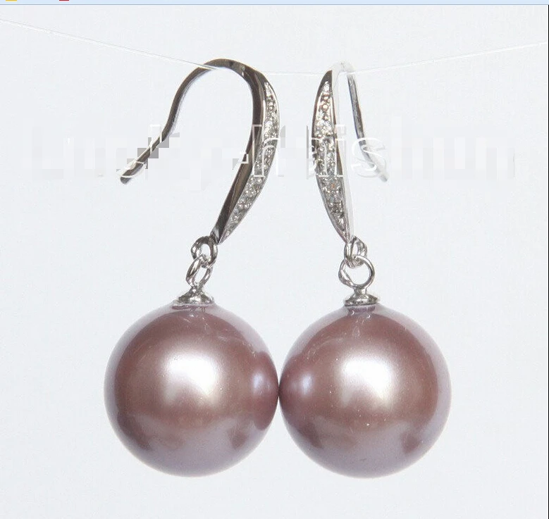 

00 dDangle 14mm round purple south sea shell pearls Earrings 925 silver hook