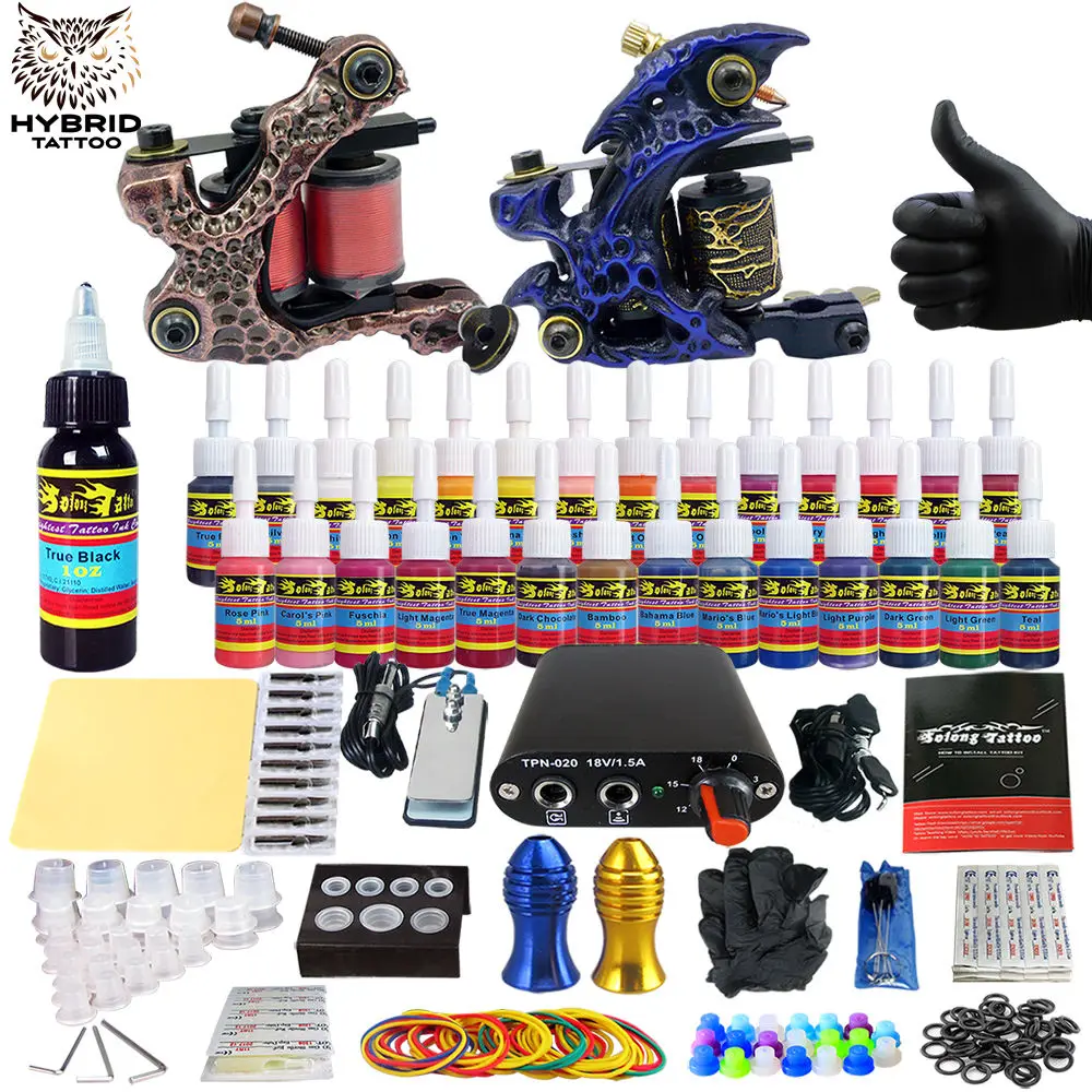 

Hybrid Complete Kit For Tattoo Liner and Shader Beginner Power Supply Foot Pedal Grips Needles Ink Set Tattoo Body&Art TK204-5