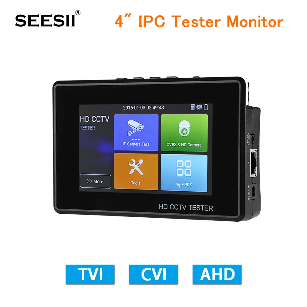 

Seesii 1800ADHPlus 4 Inch IP Camera CCTV Tester TVI CVI AHD Security Camera 4K PTZ Control Analog/Audio Test DC 12V IP Discovery