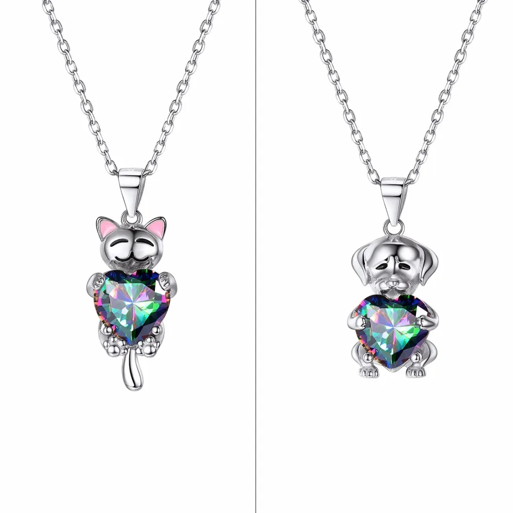 

SILVERCUTE 925 Sterling Silver Cat Labrador Dog Necklace For Women Pink Ear Kitten Animal Pendant & Rainbow Heart Topaz SCP6099B