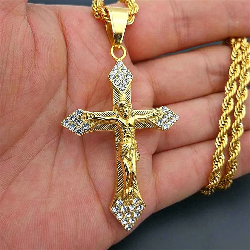 

Men Women Zircon Cross Pendant Gold Stainless Steel Iced AAA CZ Cross Pendants Necklaces Chain Fashion Couple Hip Hop Jewelry