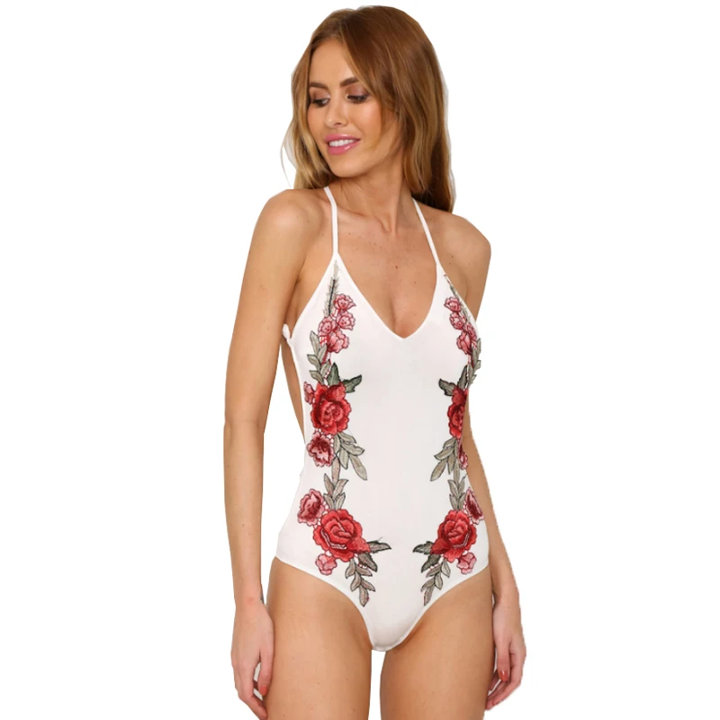 

2017 Summer Sexy Flower Embroidery Lace One Piece Swimwear String Women High Cut Bathing Suit Deep V Girls Swimsuit Bodysuit