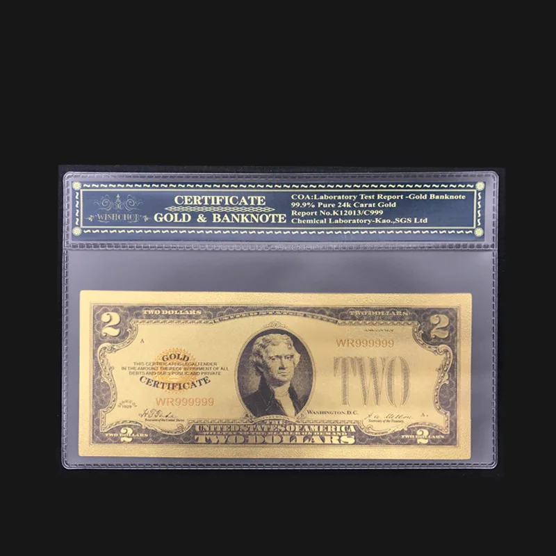

Colored America Banknotes 1928 USD 2 Dollars Gold Banknotes with Plastic Frame Souvenir of US Fake Paper Money Bill