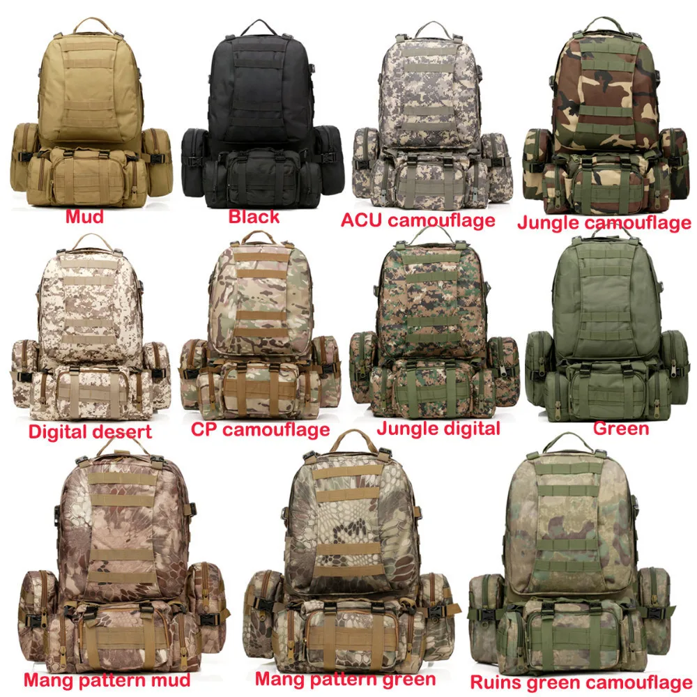 55L 4 in 1 Molle Rucksack Camouflage Mountaineering Bags 600D Military Tactical Backpack Outdoor Camping Hiking Hunting Climbing