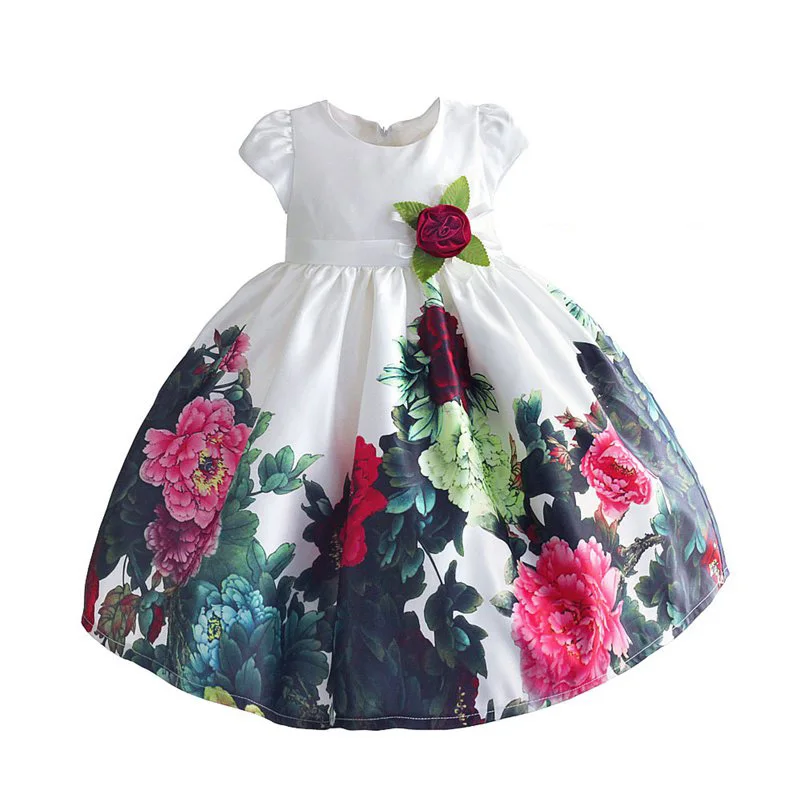 

Girls Red Flowers Dress 2019 Kids Dresses For Girls Girl Princess dresses Baby Girl Summer Printed Clothes For 3-8Y (with Brush)