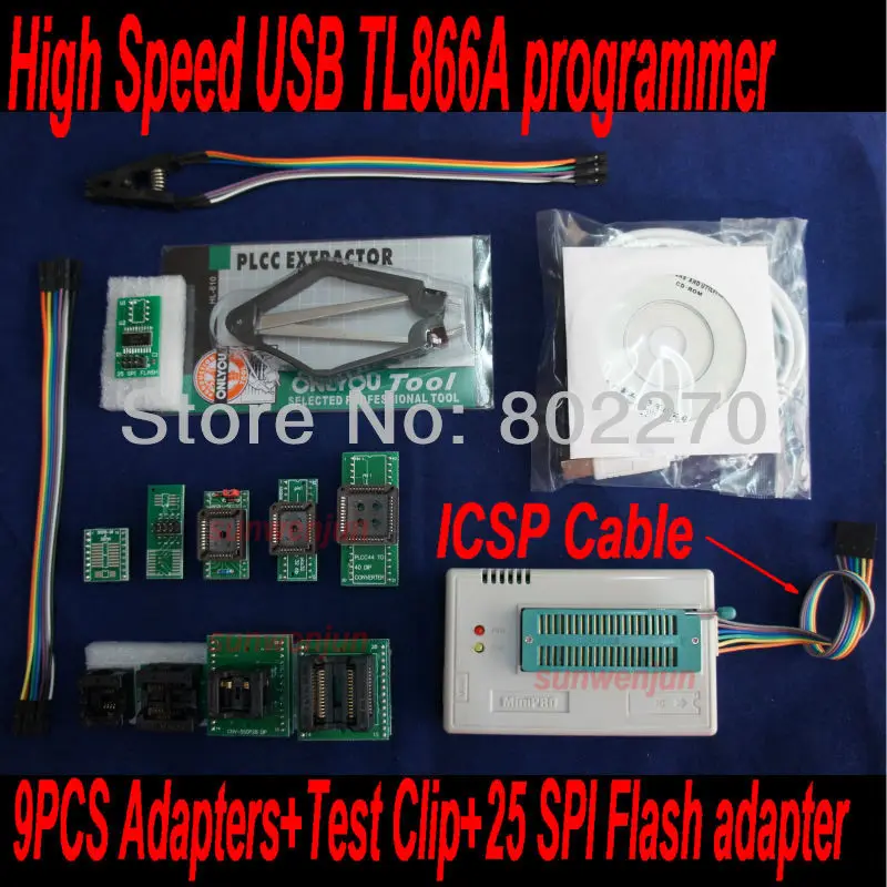 

USB Programmer EPROM SPI FLASH AVR GAL PIC TL866A ICSP in-circuit programming+9pcs adapters+test clip+25 SPI Flash adapter