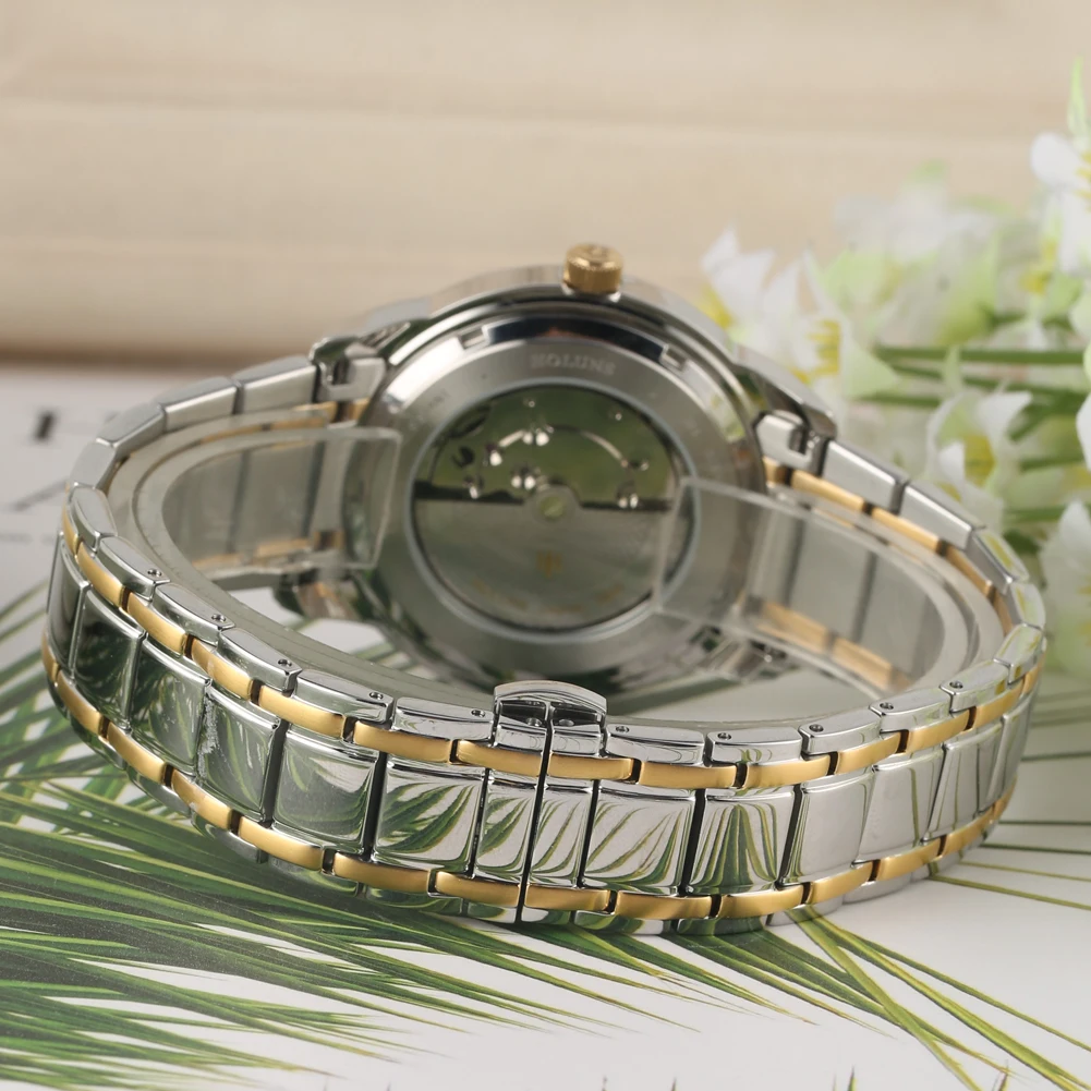 de aço inoxidável numerais romanos ouro dial relógio de pulso