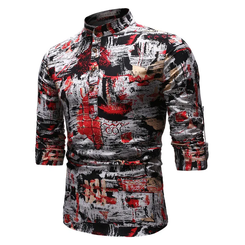 

2019 men's national style youth autumn printed long-sleeve daily breathable linen shirt with stand-up collar, European size