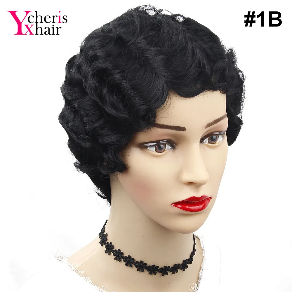 YXCHERISHAIR Short Synthetic Finger Wave Wigs High Temperature Fiber Blonde Synthetic Curly Cosplay Wig - Цвет: # 1B