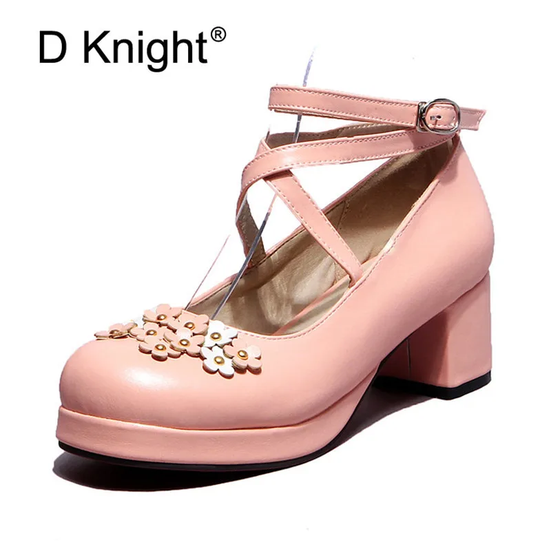 Lolita Shoes Women Pumps Round Toe Cross Straps Bow Cute Girls Princess Tea Party Shoes High Heels Student Lovely Shoes Size 48  (14)