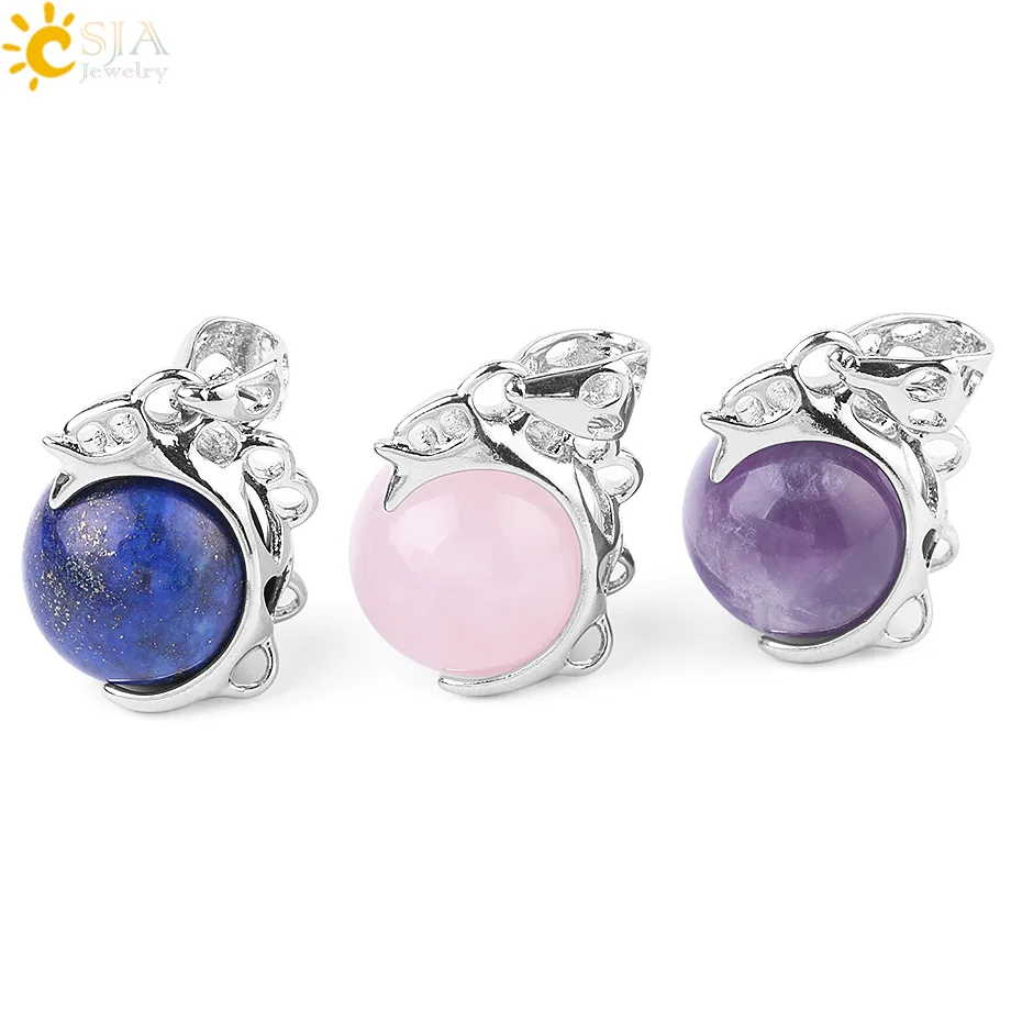 

CSJA Hot Fashion Pendants Natural Stone Pink Quartz Purple Crystal Lapis Round Ball Bead Pendant for Necklace Fit Women Men F581