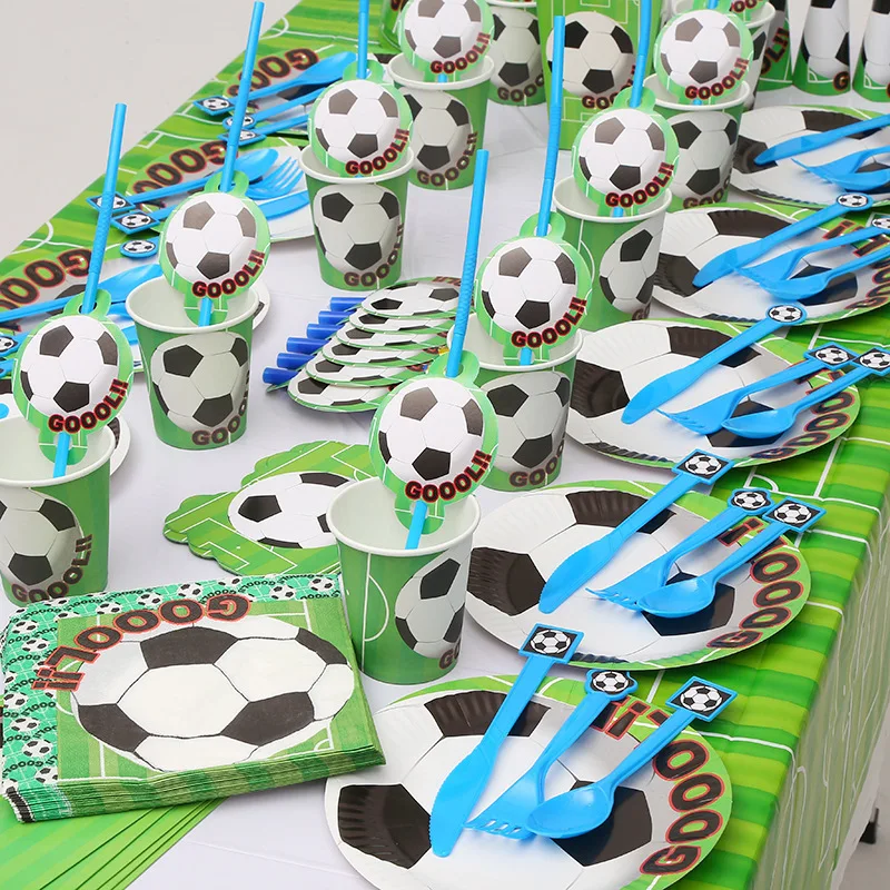 Футбольные тематические праздничные товары для дня рождения, набор посуды, чашки, скатерть и флаги, соломинка, Детские вечерние украшения для мальчиков