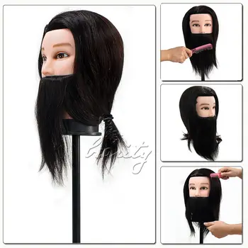 

100% Real Human Hair Beard Hairdressing Training Man Head Mannequin Doll High Temperature Fiber Salon Model With Clamp