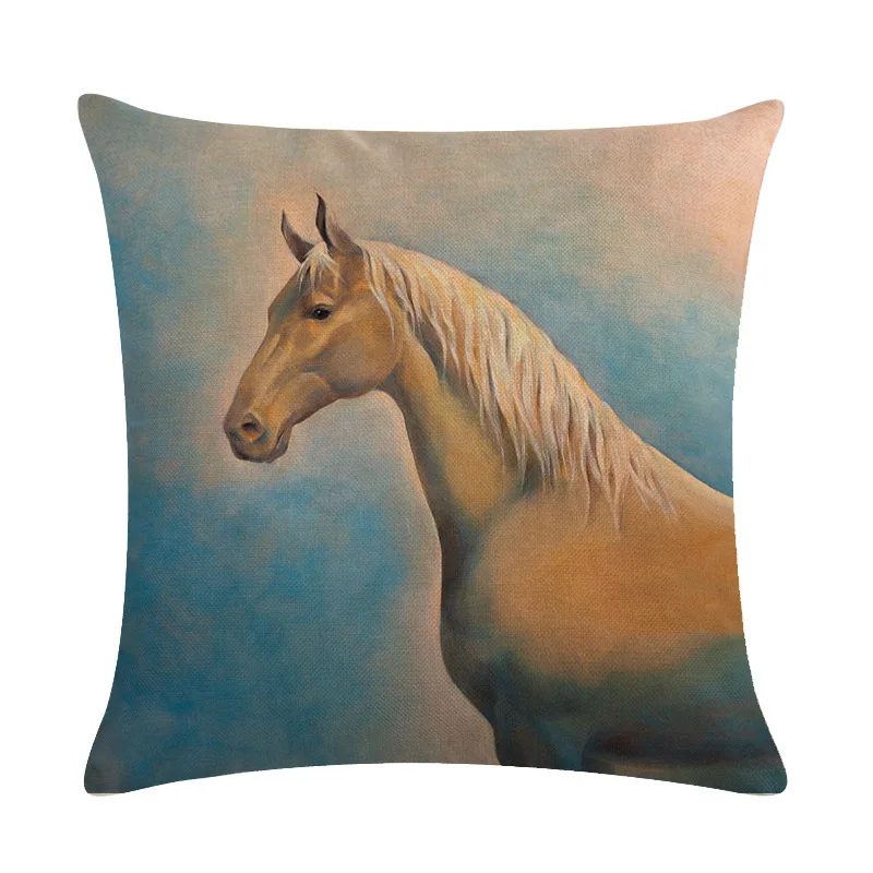 Animal Linen Cushion Cover Horse and Grassland Pillow Case for Sofa Seat Couch Bedroom Decorative Covers Home Living Room Decor