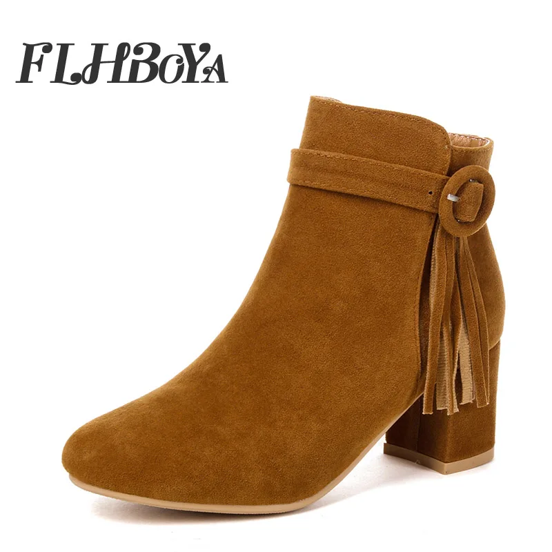 

FLHBOYA Winter Women Fashion Fringe Block heels Ankle Boots For Ladies Female Black Gray Thick High Heel Buckle Short Boot Shoe