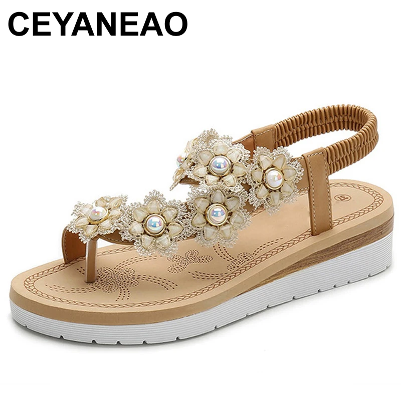 

CEYANEAO 2019 Bohemia casual beach sandals women flower pearl decorate platform sandals feminina clip toe flip flops E1816