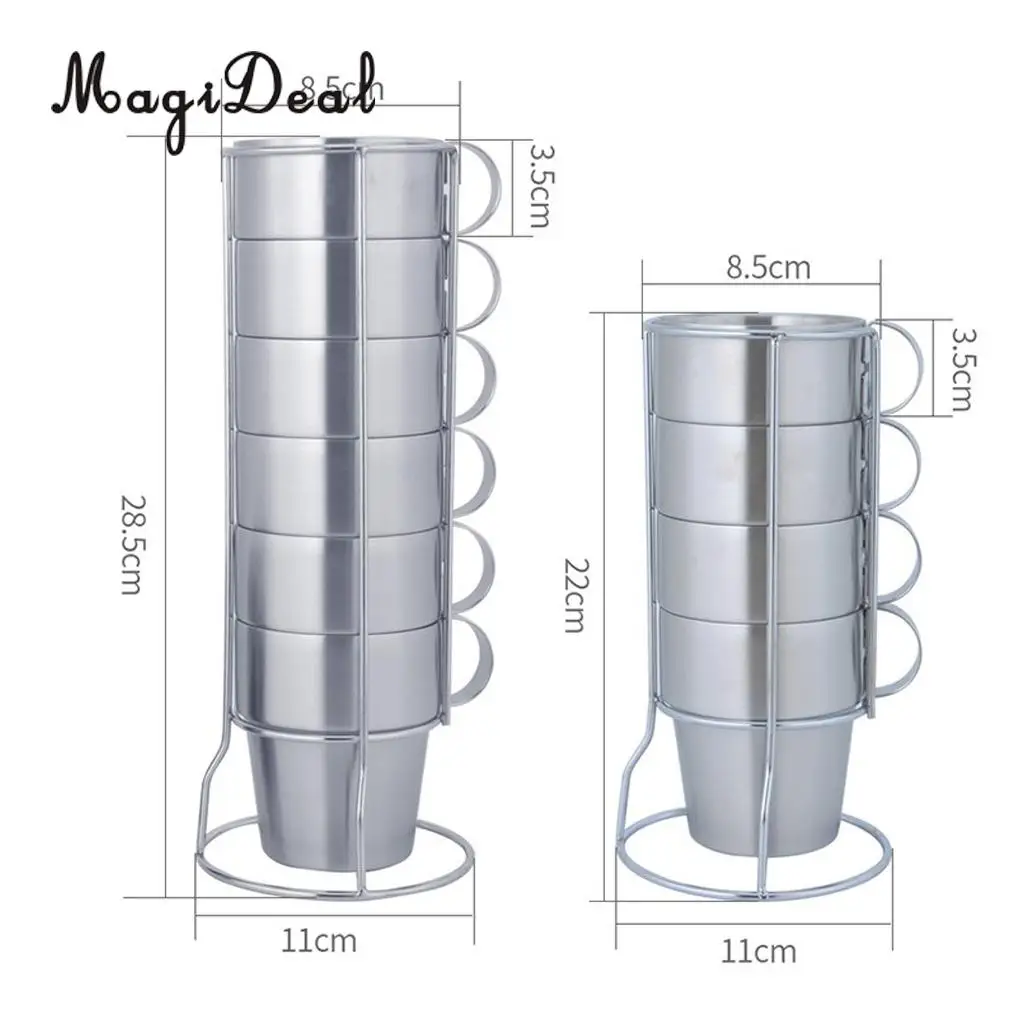 Stainless Steel Cups Water Tea Coffee Mugs with Stackable Rack Holder Outdoor Camping Hiking Picnic Bar Home Use