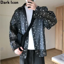 Темная икона звездное небо полупрозрачные сетчатые свободные рубашки с отложным воротником мужские уличные сексуальные тонкие рубашки с длинным рукавом мужские рубашки