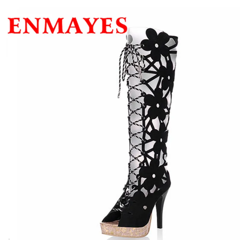 

ENMAYES Cut-Outs Knee High Gladiator Summer Sandals Boots Women Motorcycle Boots High Knee-High Boots Shoes Woman 7 Colors Big