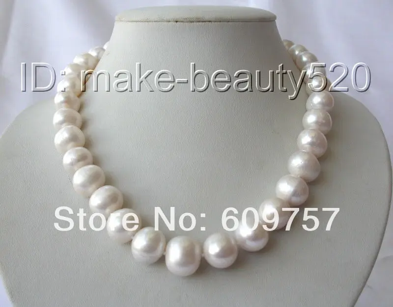 

Hot sell ->@@ Real natural Freshwater jewelry stunning big 14mm round white freshwater cultured pearl necklace Silver hook -Top