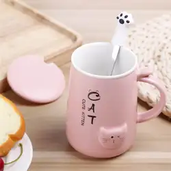 Керамическая Милая кофейная кружка с котом, Офисная чашка для питья воды молочные чашки и кружки с крышками и ложкой, белая, черная, розовая