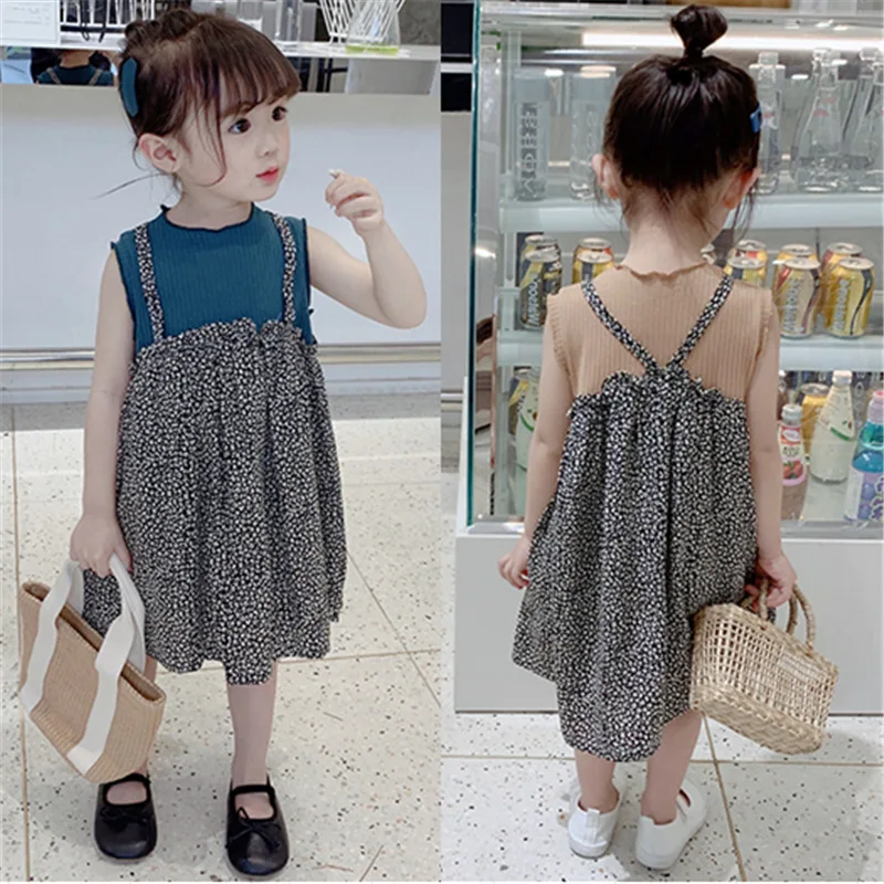 

Girl Fake Two Pieces Flower Princess Dresses 2019 Summer New Children Sleeveless Cotton Vest Casual Dresses for 3-8 Years Kids