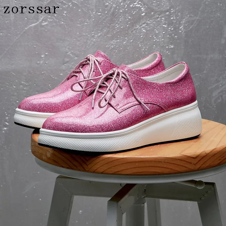 

2019 women flat platform shoes ladies Genuine Leather flat Pointed toe shoes women lace up casual shoes moccasins creepers