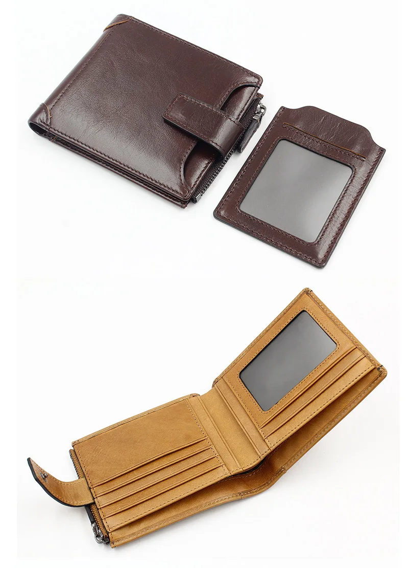 MJ Men's Genuine Leather Wallets Quality Male Short Wallet Real Leather Bi-Fold Wallet Card Holder Coin Purse Coffee Black Khaki (10)