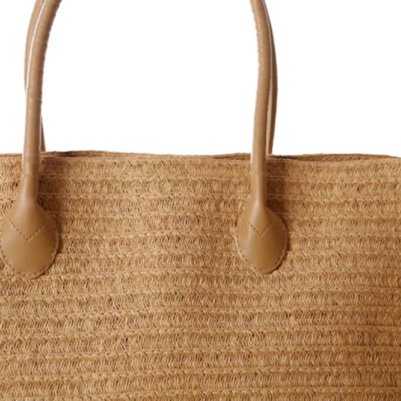 

Women Straw Weave Bag Zipper Handbag PU Leather Handle Girl Casual Bags for Beach Travel Best Sale-WT
