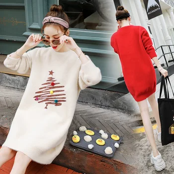

Maternity Women Hoodless O-neck Long Sleeve Mid-long Sweaters New Moms Loose Fit Knitting Pullover Fashion Sweaters Dresses