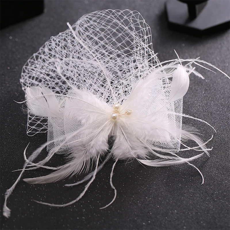

Trendy Women Pearl Veil tiara White Feather Bride Hair Accessories Wedding Party Hairband Haipins Headpiece Hair Jewelry FD001