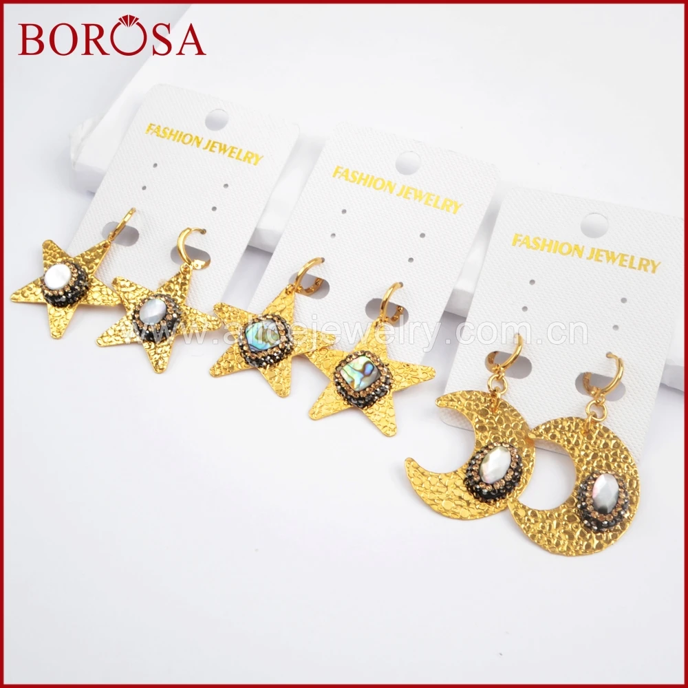 

BOROSA 6pairs Multi-kind Shape Gold Color Metal Drop Earrings With Abalone Shell Pave Rhinestone Zircons Dangle Earrings JAB805