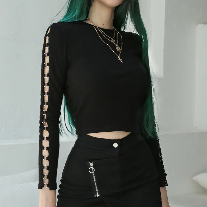 Black Punk Rock Rings Hollow Out Women T-Shirt Tight Top Sexy Round Neck Long Sleeve Female T-Shirt