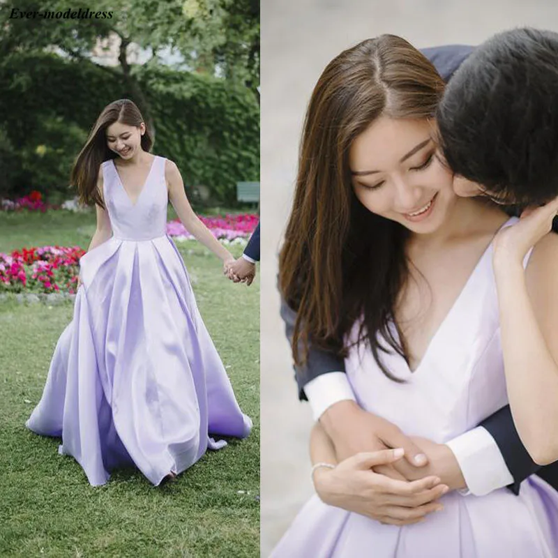 

Lavender Simple Long Prom Dresses 2019 V-Neck Zipper Back Sleeveless Sweep Train Satin Evening Party Gowns Vestido De Festa