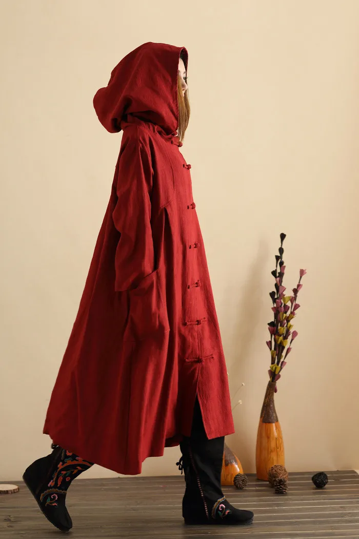 Осенне-зимний Тренч в стиле ретро с капюшоном из хлопка и льна, длинный халат волшебника, плащ-Пыльник, ветровка, Jaqueta Feminina