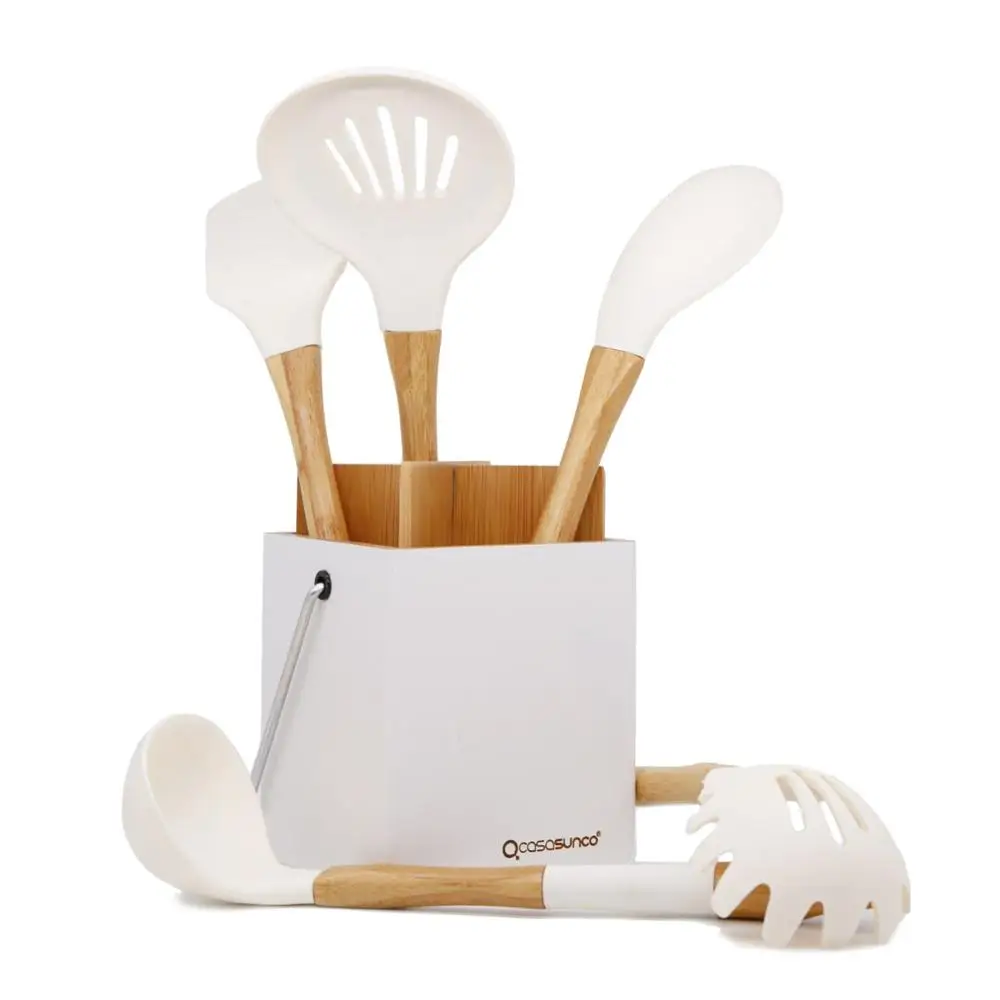 Силиконовый кухонный набор с держателем из натурального бука, термостойкий антипригарный набор кухонных принадлежностей Turner-CASASUNCO - Цвет: Creamy White