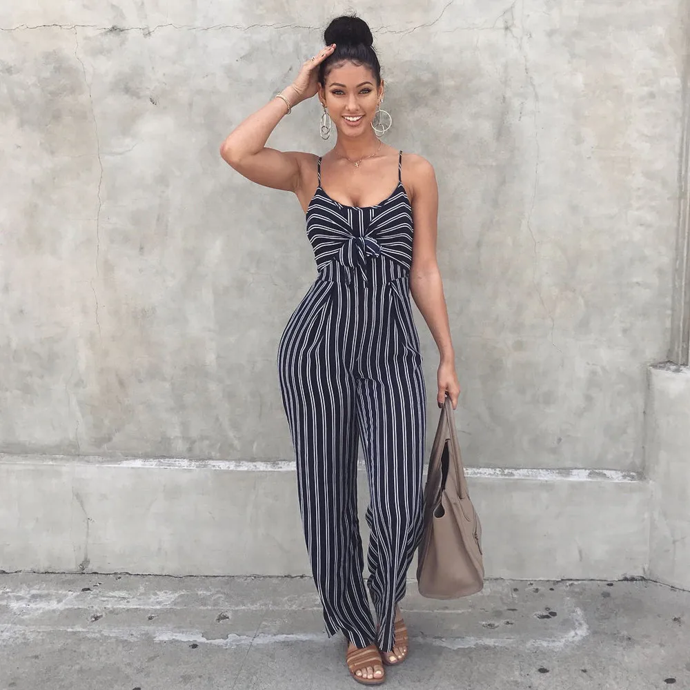 

Office Lady Womens Playsuit Slash Neck Slim Striped Bodysuit Party Jumpsuit Romper Chiffon Long Wide Leg Trousers Club Gift JJ5