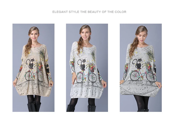 New autumn and winter women's one-piece collar cartoon cats print long-sleeved pullover knit shirt shirt shirt (2)