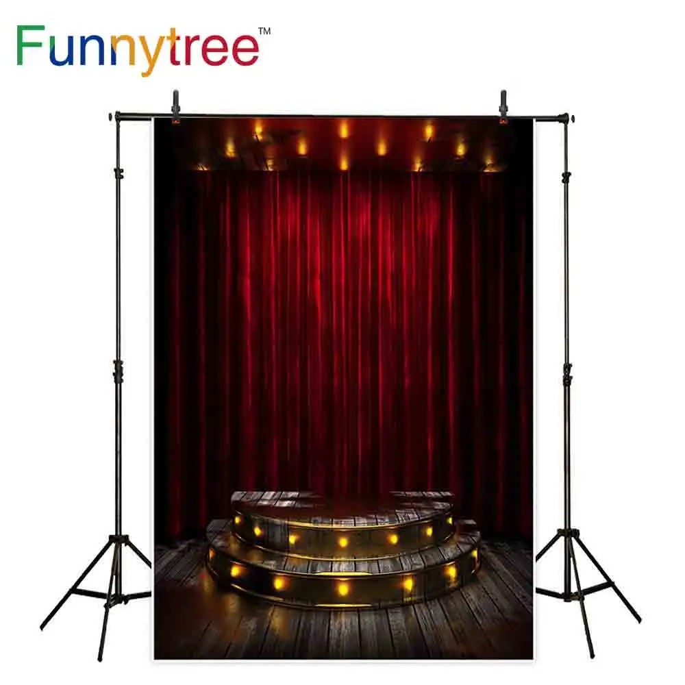 Фоны Funnytree для фотостудии сцена красная занавеска винтажный деревянный пол фон