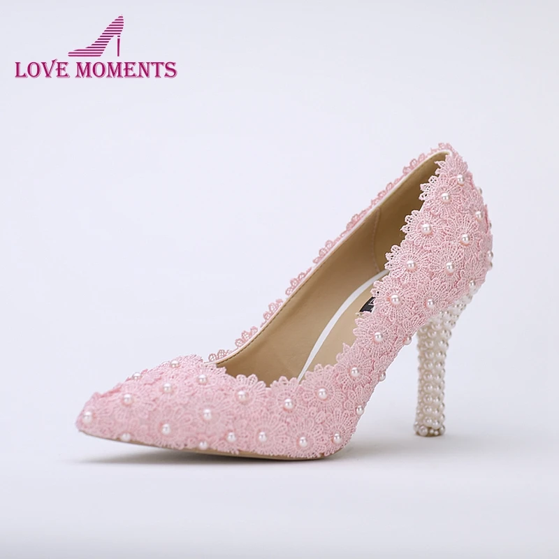 Pointed Toe Wedding Shoes Pink Lace Flower With Ivory Pearl Heel