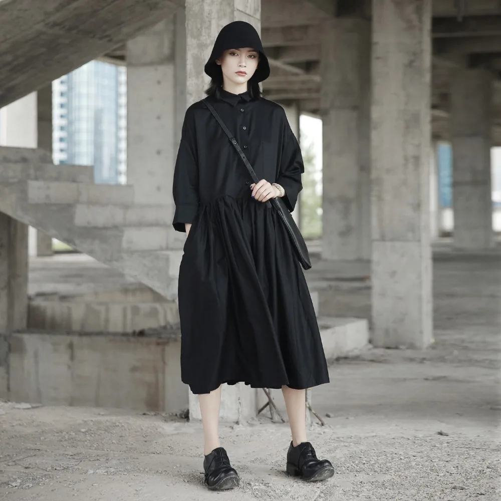 

Cakucool Dress Women Spring Gothic Black Wrist Long Sleeve Blusa Vestidos Loose Harajuku Brief Minimal Dresses Plus size